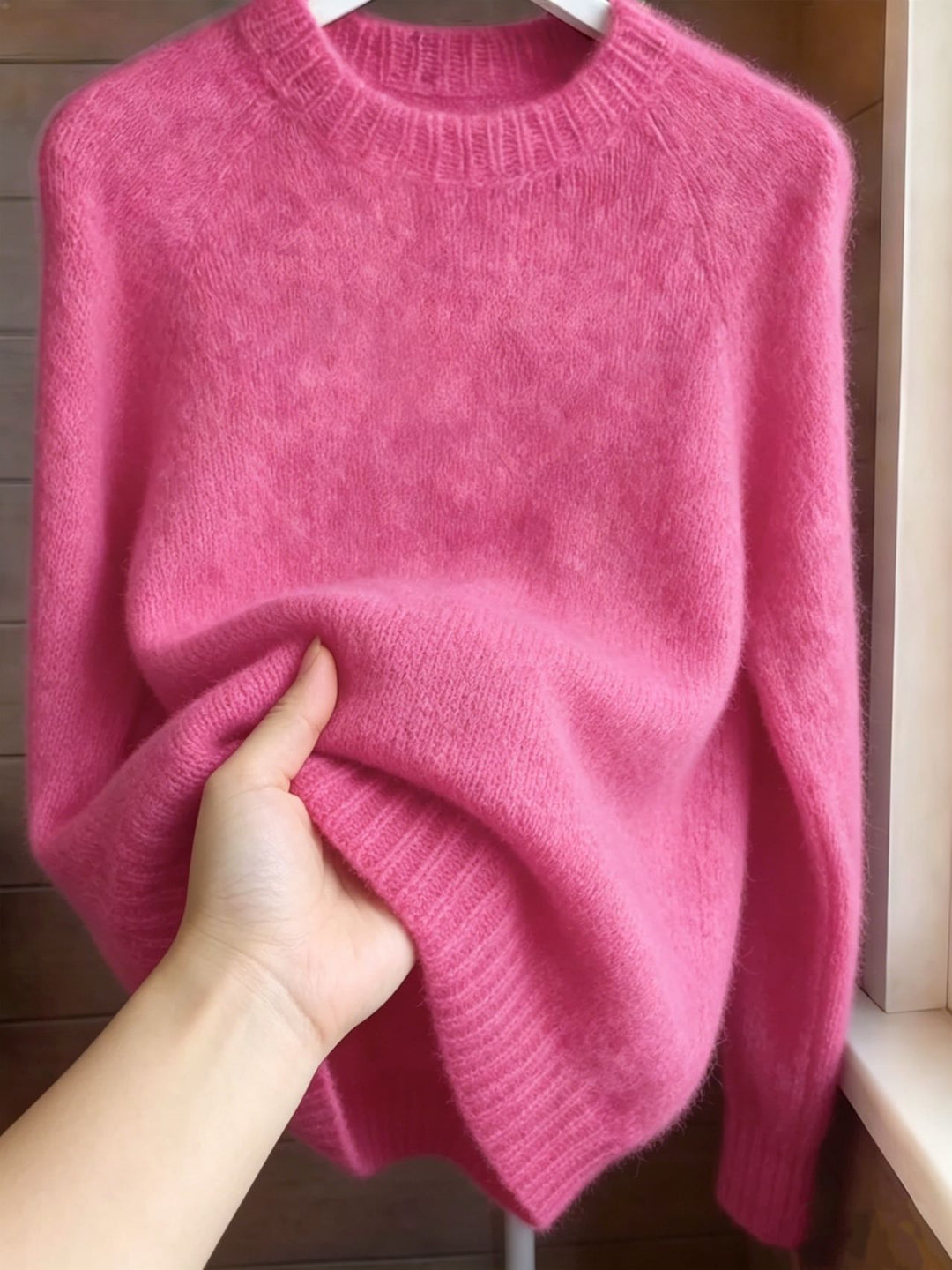 Women's Oversized Mohair-Mix Crew Neck Sweater with Raglan Sleeves and Ribbed Hem Mune Fashion