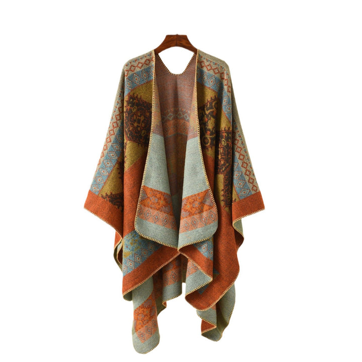 Women Jacquard Poncho Cape with Ethno Pattern and Wool Blend Mune Fashion