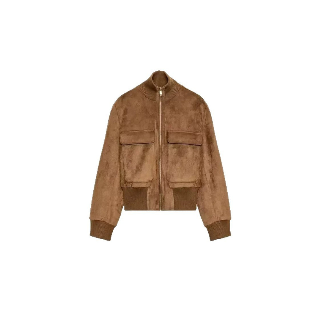 Women's short-cut suede-look bomber jacket with large flap pockets Drune