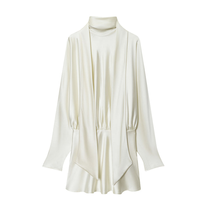 Women 30+ elegant silk-like blouse with stand-up collar and draped pull-over detail Mune Fashion