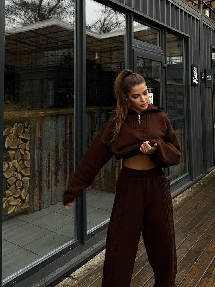 Women’s Knit Loungewear Set with Half Zipper, Stand-Up Collar and Cable Knit Pants Mune Fashion