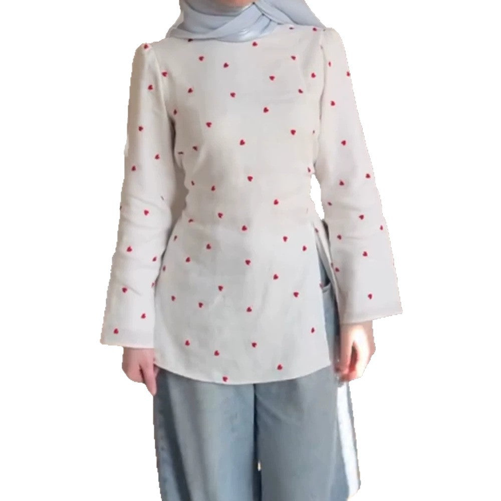 Women Delicate Heart Tunic Top with Side Waist Tie and Extended Silhouette Mune Fashion