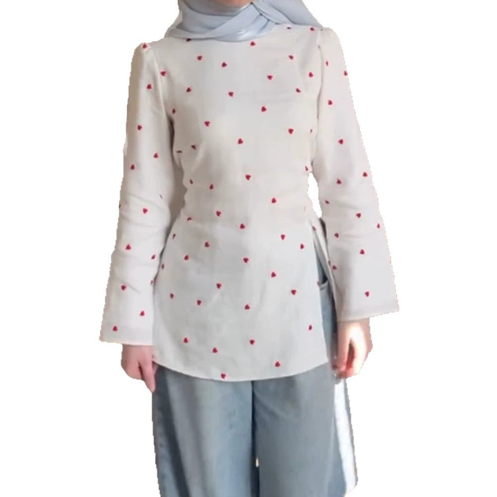 Women Delicate Heart Tunic Top with Side Waist Tie and Extended Silhouette Mune Fashion