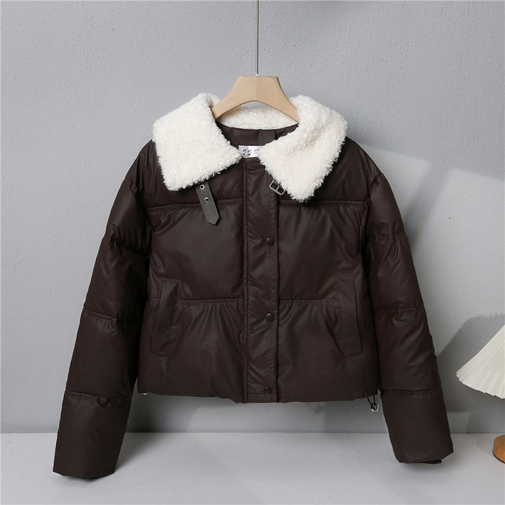 Women's short quilted winter jacket with wide teddy collar and drawstring Mune Fashion
