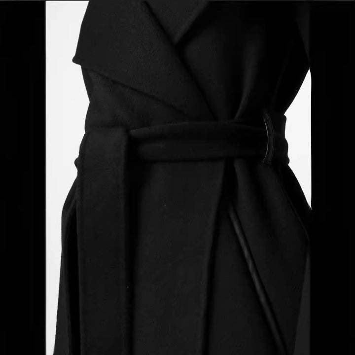 Women Midi-Length Wrap Coat with Oversized Shawl Collar and Concealed Zipper Pockets Mune Fashion