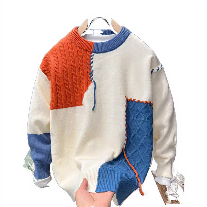 Unisex Patchwork-Oversize-Knitted Sweater with Cable and Diamond Pattern, Decorative Contrast Seams and Round Neckline Mune Fashion