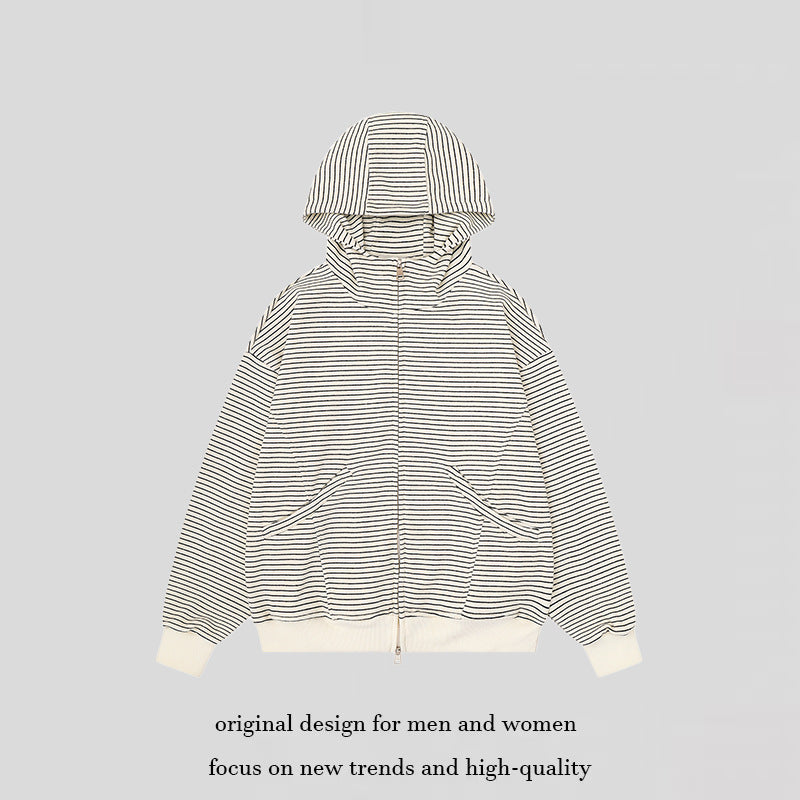 Unisex Striped Hooded Sweat Jacket with Zipper and Kangaroo Pockets Mune Fashion