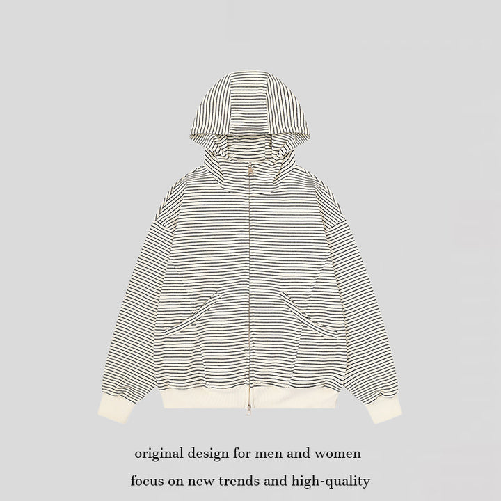 Unisex Striped Hooded Sweat Jacket with Zipper and Kangaroo Pockets Mune Fashion
