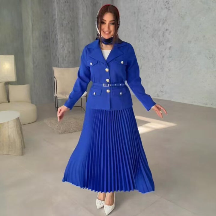 Women's Tailored Blazer with Belt and Pleated Maxi Skirt Set Mune Fashion