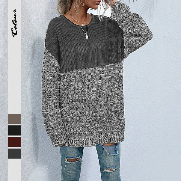 Ladies oversized knitted sweater in melange block design with round neckline & extended hem Mune Fashion
