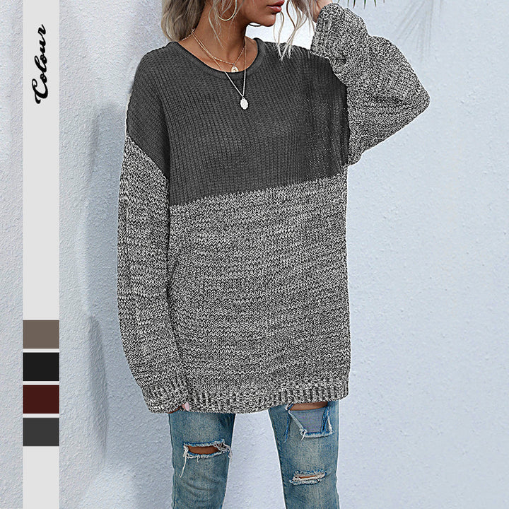 Ladies oversized knitted sweater in melange block design with round neckline & extended hem Mune Fashion