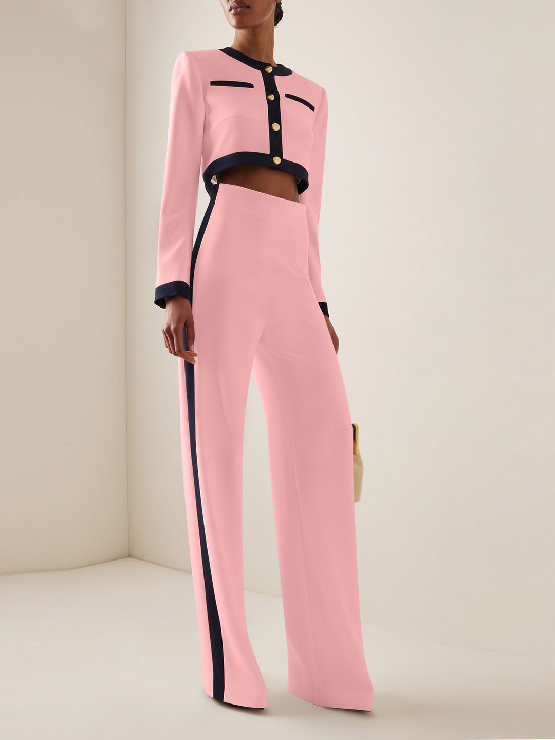 Women's Short Cropped Tailoring Set with Contrast Piping and High-Waist Palazzo Pants Mune Fashion