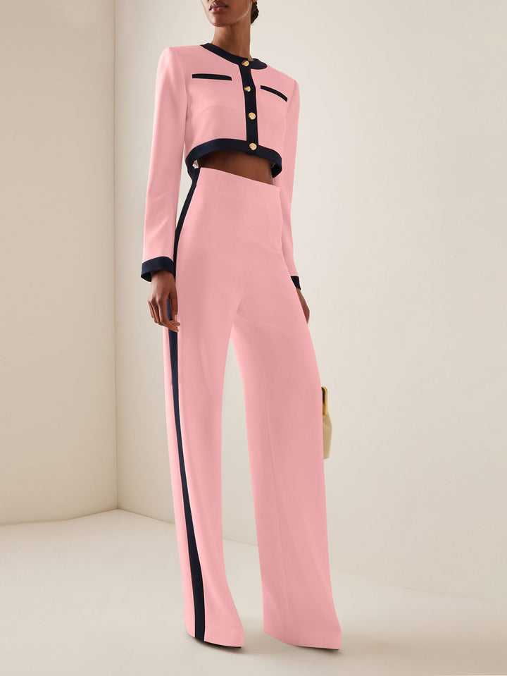 Women's Short Cropped Tailoring Set with Contrast Piping and High-Waist Palazzo Pants Mune Fashion