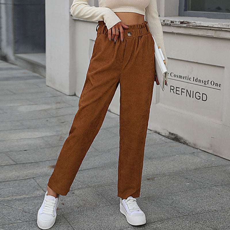 Women Casual Corduroy Pants with High Waist Mune Fashion