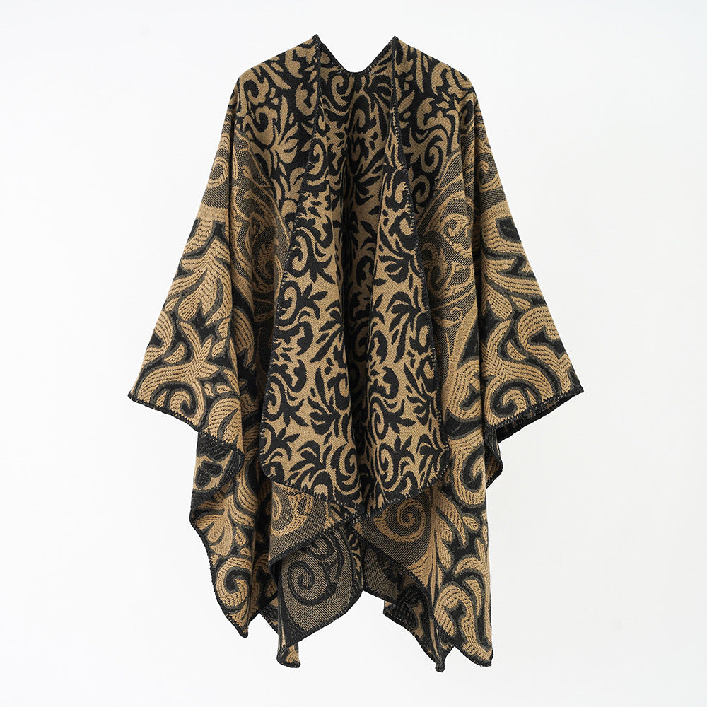 Women's Ornamental Jacquard Cape Poncho with Open Fall and Boxy Silhouette Mune Fashion