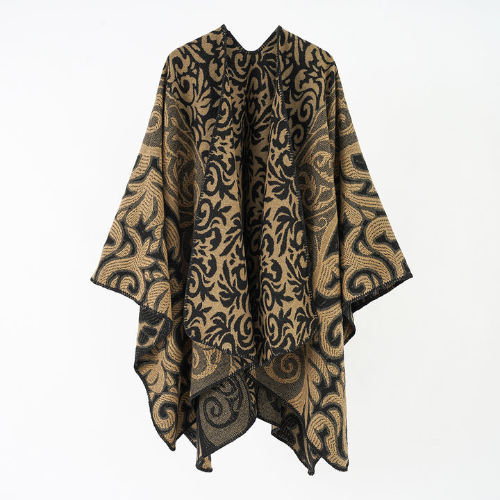 Women's Ornamental Jacquard Cape Poncho with Open Fall and Boxy Silhouette Mune Fashion