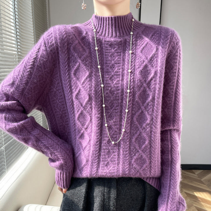 Women Cozy Mohair-Optic Mock Neck Sweater with Diamond Cable Structure and Boxy Silhouette Mune Fashion