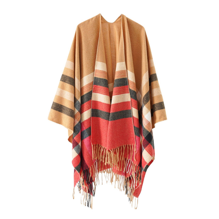Women Chunky Knit Cape-Ruana in Oversize with Gradient Check Pattern and Fringe Hem Mune Fashion