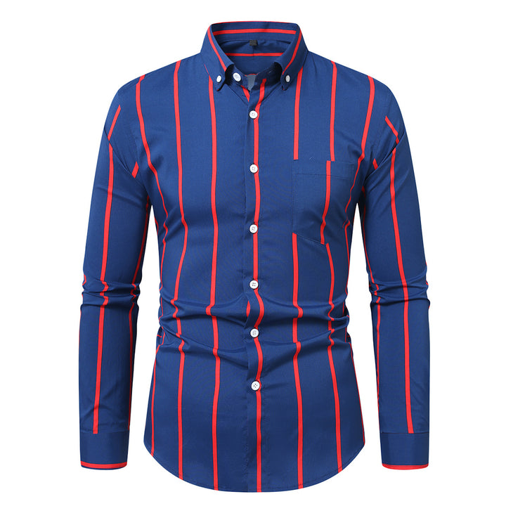 Men's fitted long sleeve shirt with vertical stripe pattern and button-down collar Mune Fashion