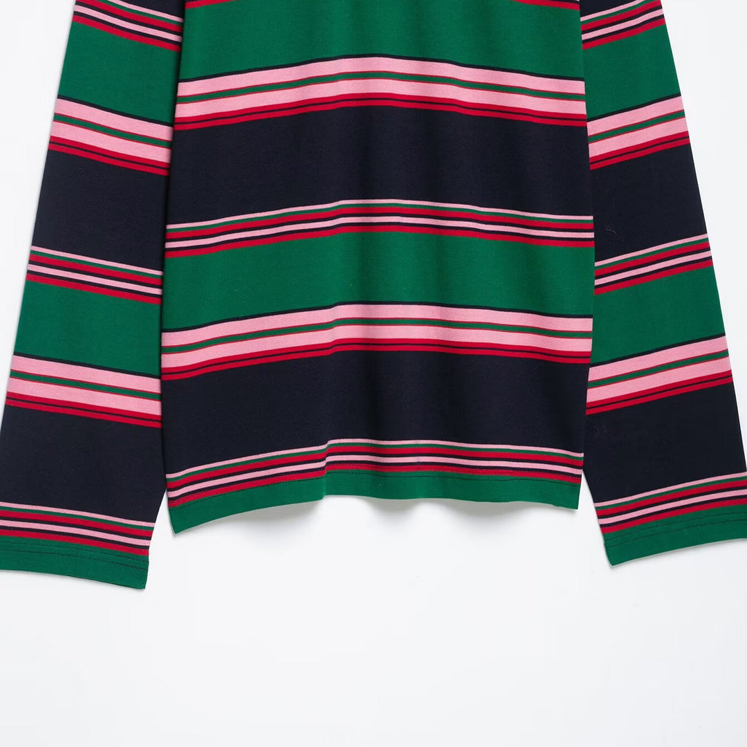 Women Oversize Rugby Polo Shirt with White Kent Collar and Wide Horizontal Stripes Mune Fashion