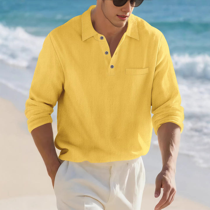 Men's lightweight linen Henley shirt with chest piping and relaxed casual fit Mune Fashion