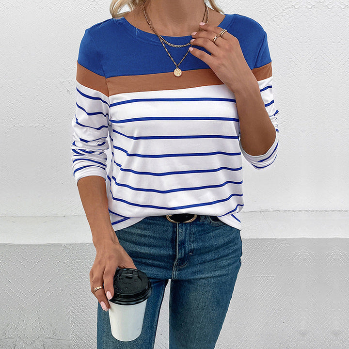 Women Striped Long Sleeve Shirt with Color Block Detail and Round Neckline Mune Fashion