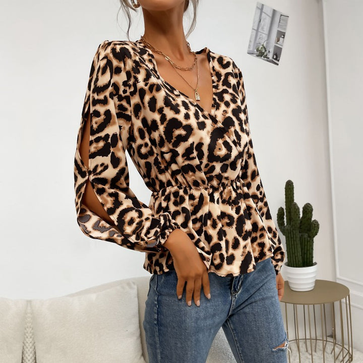 Women's satin blouse with wrap collar, elastic waist, and balloon sleeves Mune Fashion