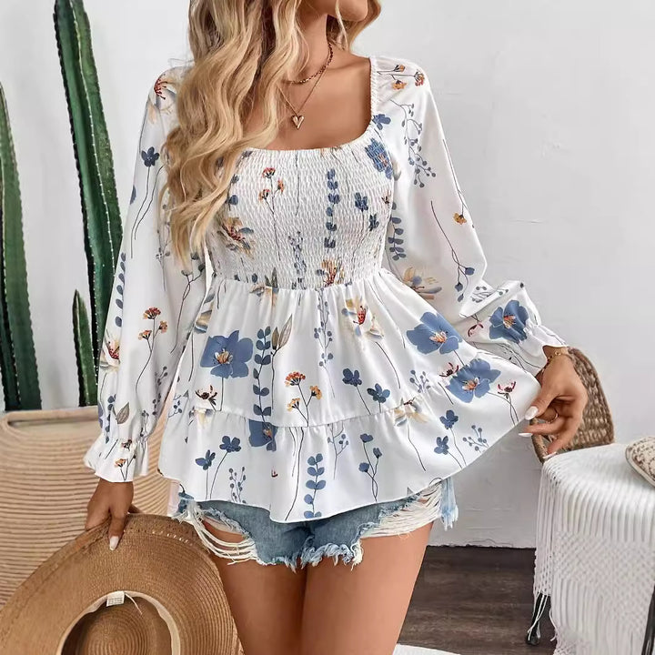 Women's nan smoke top with square neckline, tiered ruffle and balloon sleeves Mune Fashion