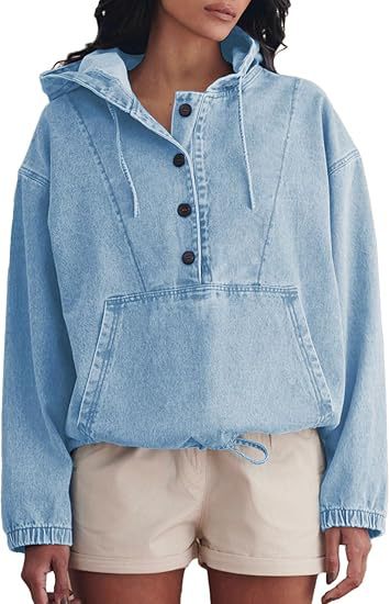 Women's denim hoodie with half button placket, kangaroo pocket, and drawstring hem Mune Fashion