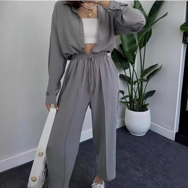 Women's Casual Two-Piece Lounge Set Made of Crêpe with Oversized Shirt and High Elastic Waistband Mune Fashion