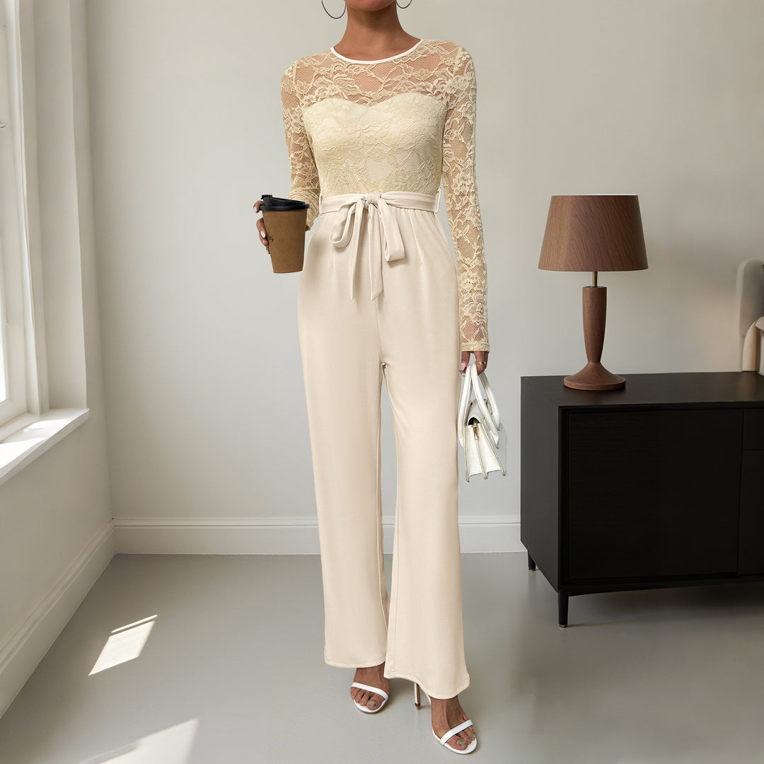 Women's Elegant Jumpsuit with Transparent Lace Top, Waist-Defining Tie Belt & Wide Palazzo Leg