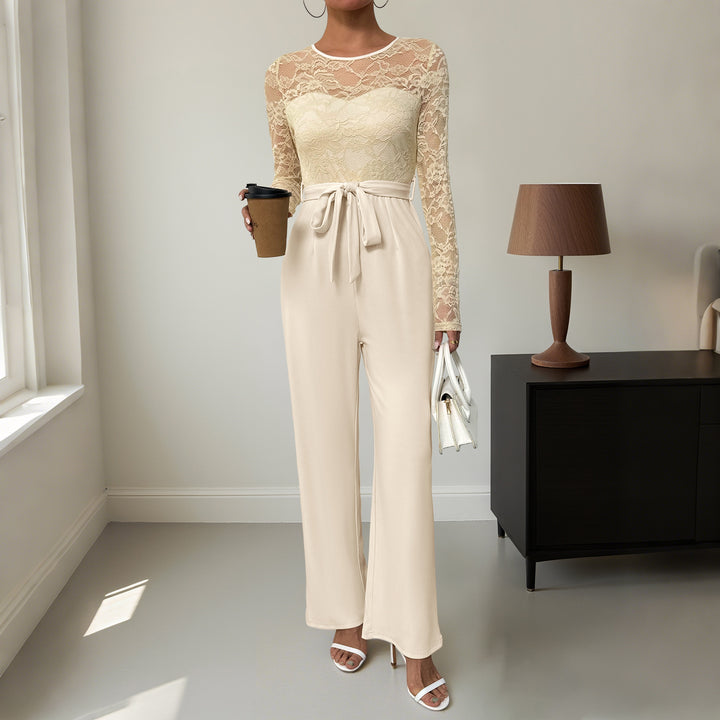 Women's Elegant Jumpsuit with Transparent Lace Top, Waist-Defining Tie Belt & Wide Palazzo Leg