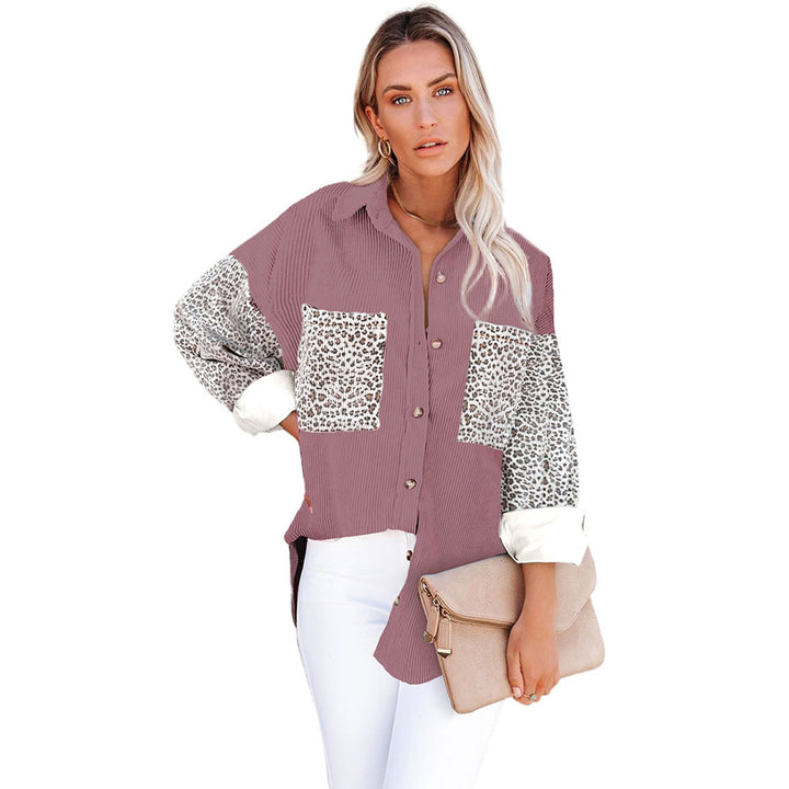 Women's oversized shirt blouse with textured fabric, contrast sleeves in leopard print and patch pockets Mune Fashion