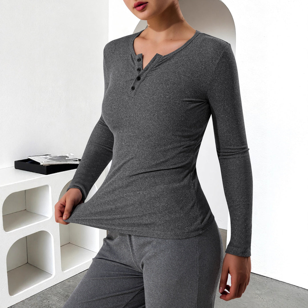 Women's Ribbed Henley Long Sleeve Shirt with Button Placket and Fitted Cut Mune Fashion