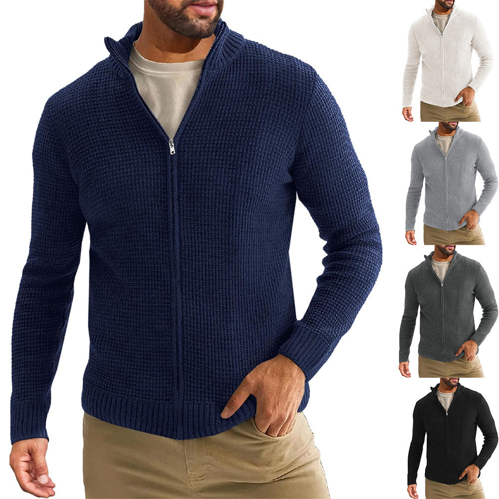 Men's Zip-Up Cardigan with Waffle Texture and Stand-Up Collar Mune Fashion