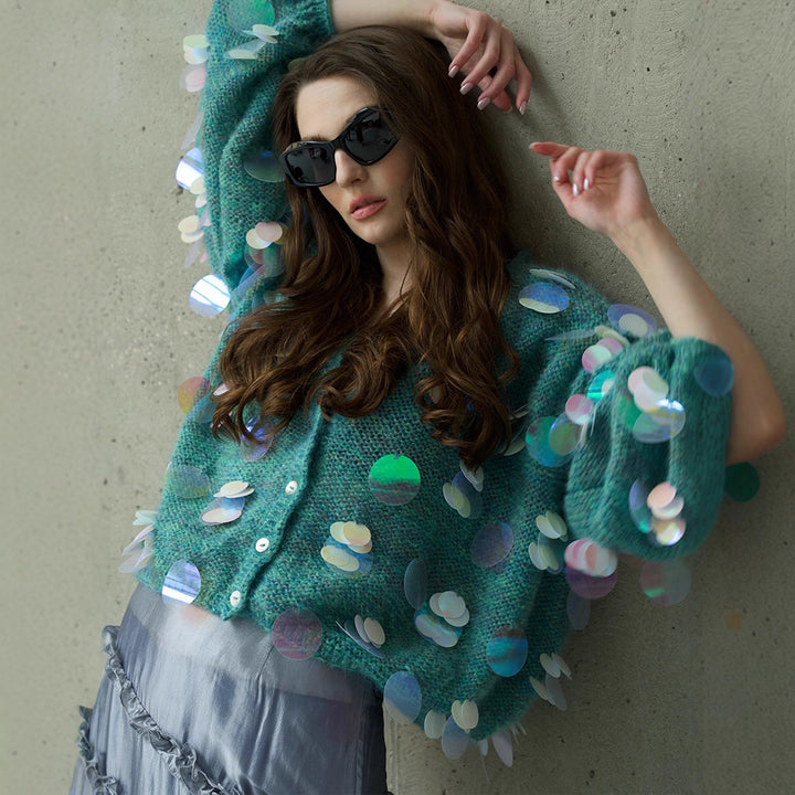 Women's Chunky Knit Mohair Cardigan with Oversized Sequins and Boxy Silhouette Mune Fashion