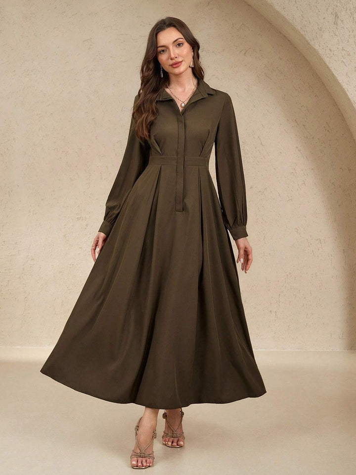Ladies long shirt dress with waist belt, concealed button placket and balloon sleeves Mune Fashion