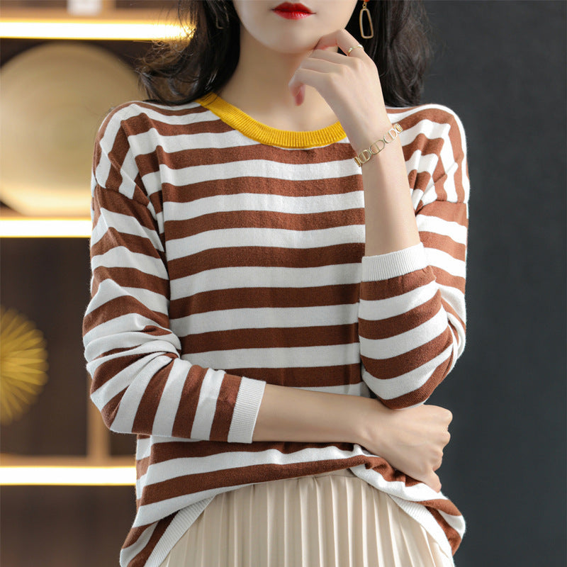 Women Maritime-inspired striped fine knit shirt with wide boat neck and contrast trim Mune Fashion