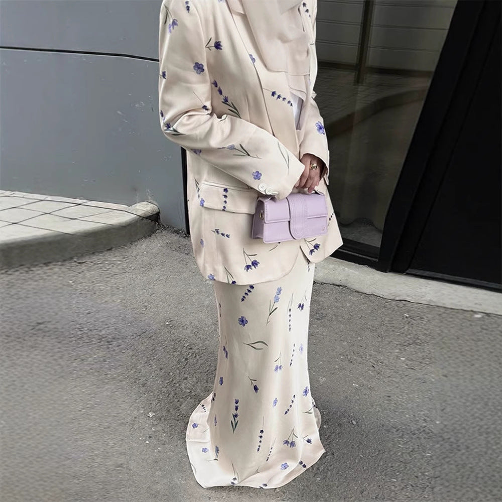 Women's Two-Piece Satin Suit with Floral Maxi Skirt and Oversized Blazer Mune Fashion