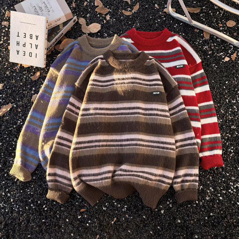 Unisex Striped Oversized Mohair-Look Sweater with Round Neck and Soft Texture Mune Fashion