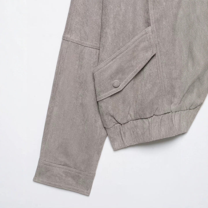 Women Oversized Suede-Like Bomber Jacket with Flap Pockets and Elastic Hem Mune Fashion