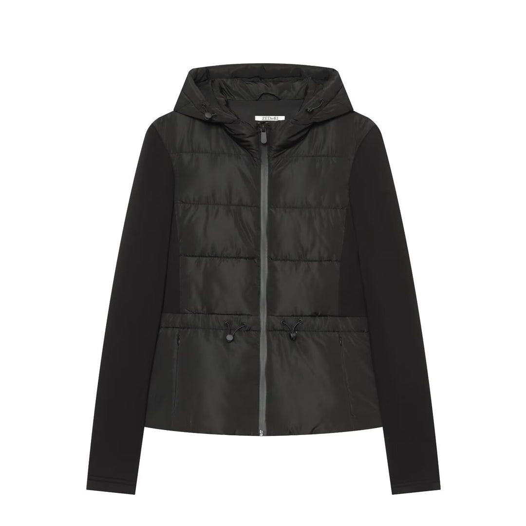 Women's short jacket in a material mix with quilted front, hood, and tailored drawstring Mune Fashion