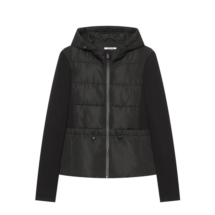 Women's short jacket in a material mix with quilted front, hood, and tailored drawstring Mune Fashion