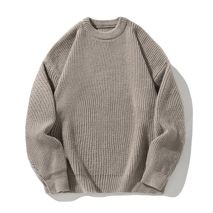 Unisex chunky knit round neck pullover with drop shoulder and distinctive ribbed texture Mune Fashion
