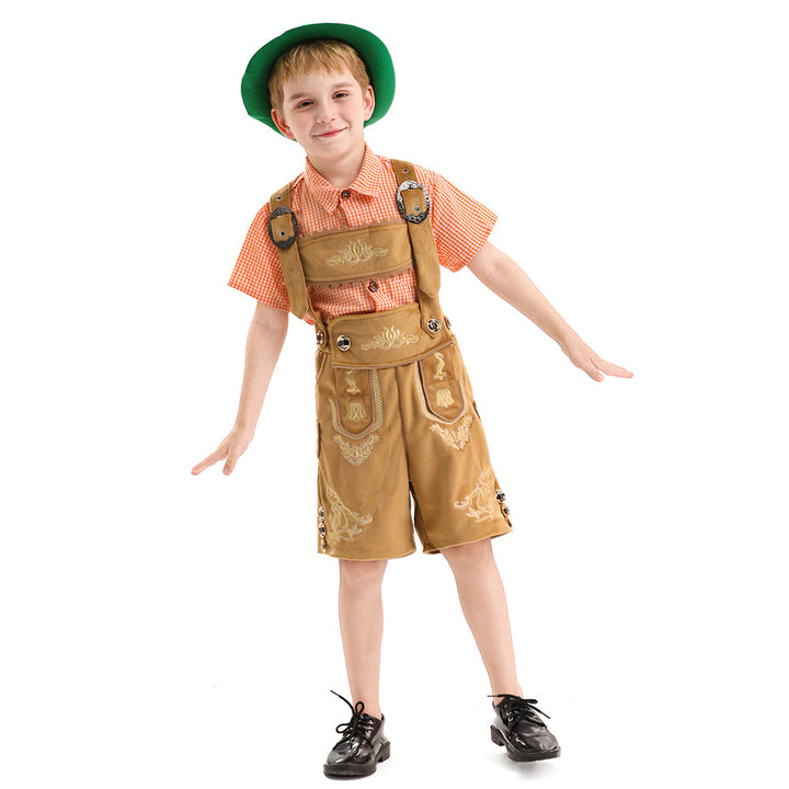 Unisex traditional children's outfit set leather shorts with embroidery and checked shirt Mune Fashion