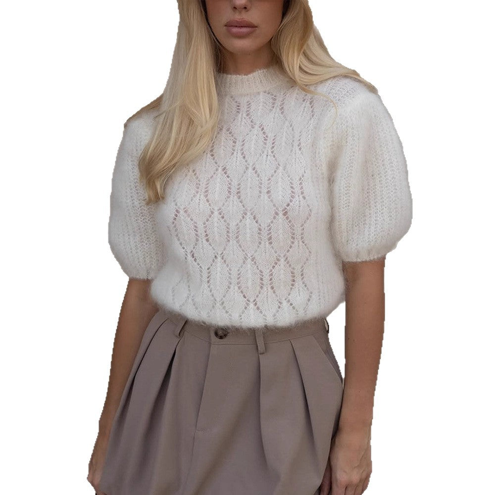 Women's Soft Short-Cut Mohair Blend Sweater with Short Sleeves and Stand-Up Collar Mune Fashion