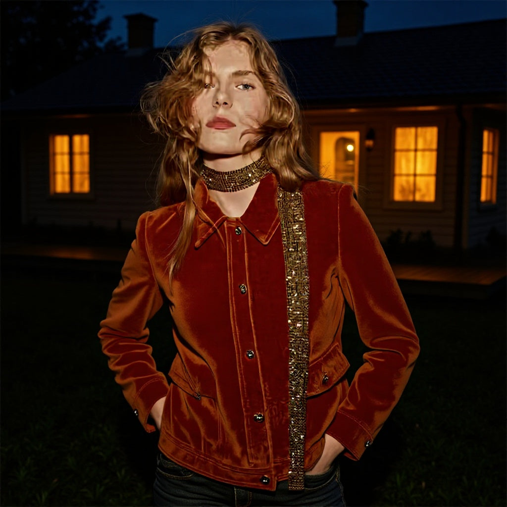Women Velvet Jacket with Sequin Trim and Tailored Silhouette Mune Fashion