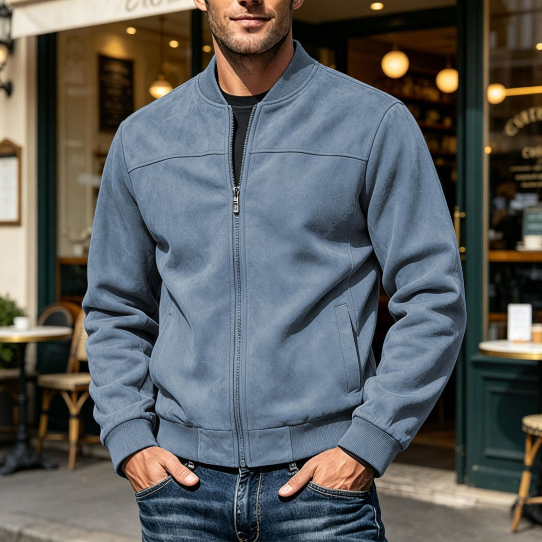 Men's Suede-Look Bomber Jacket with Zipper and Ribbed Cuffs Mune Fashion