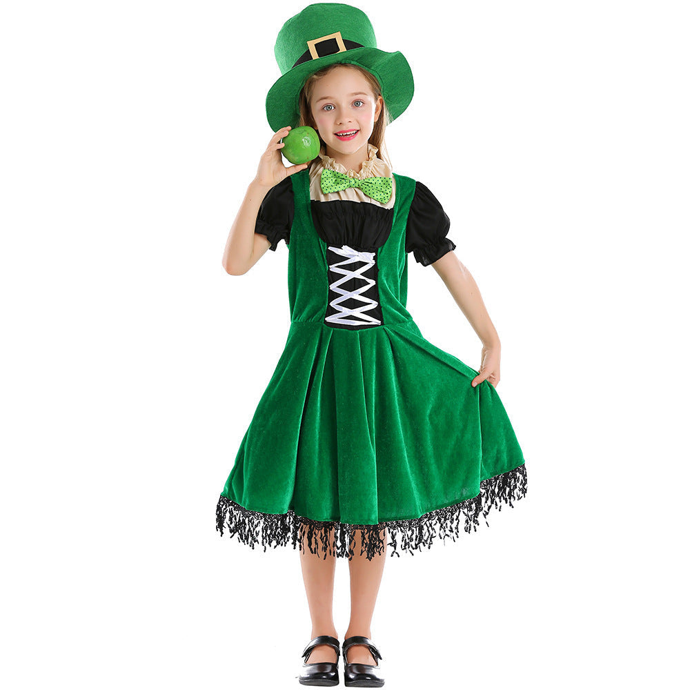 Girl Leprechaun Costume with Green Hat and Fringe Mune Fashion