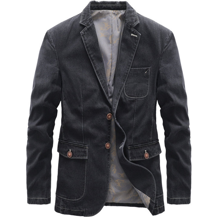 Men's Casual Jeans Blazer with Notched Lapels, Patch Pockets and Floral Patterned Lining Mune Fashion